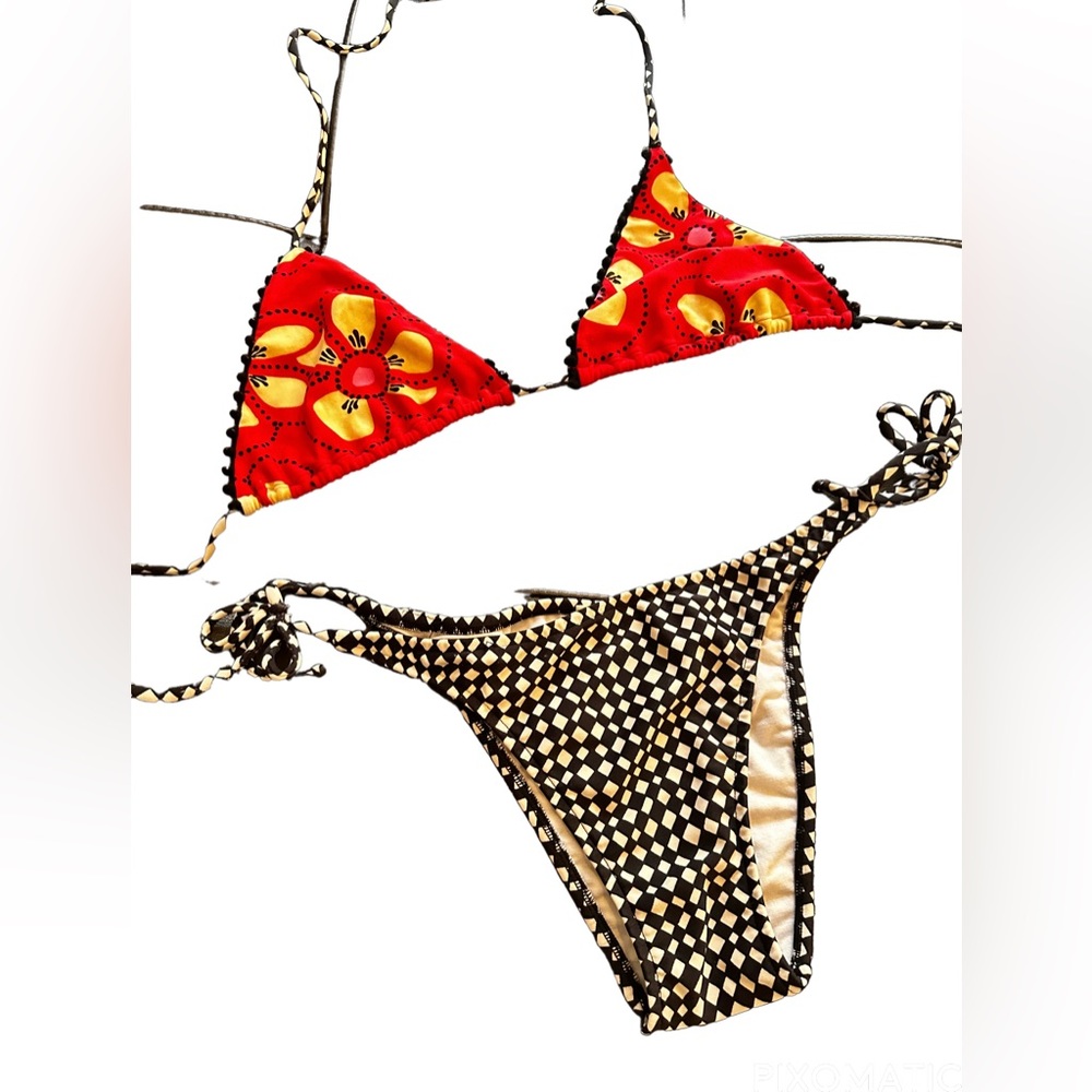 SALINAS Swimwear Black White Gingham Hip Tie Bottom Red Print Top Gingham Trim